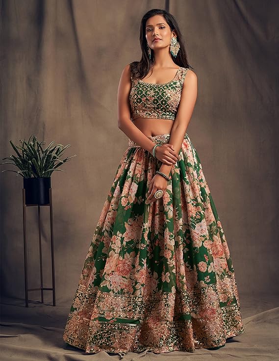 Women's Organza Green Semi-Stitched Lehenga Choli - MALL