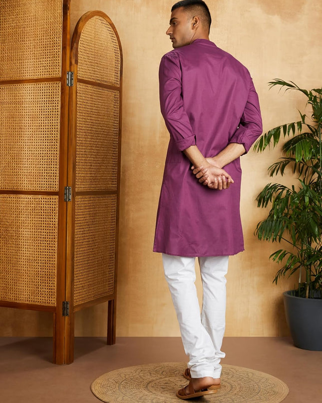 Manyavar Men's Full Sleeve Regular Fit Banded Collar Designer Kurta & Churidar Set - MALL