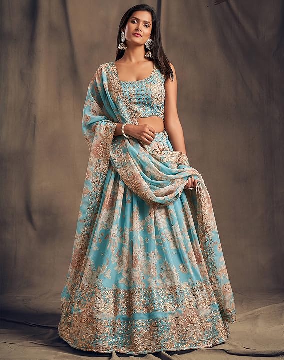 Women's Organza Sky Blue Semi-Stitched Lehenga Choli - MALL