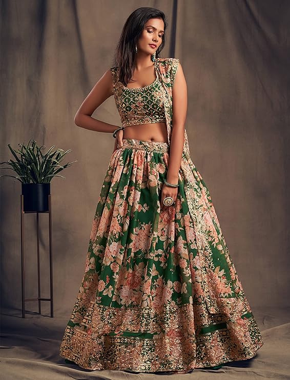 Women's Organza Green Semi-Stitched Lehenga Choli - MALL