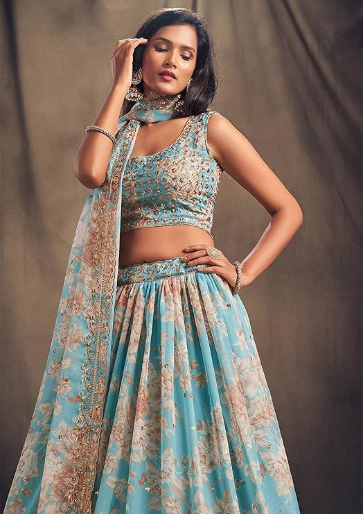 Women's Organza Sky Blue Semi-Stitched Lehenga Choli - MALL