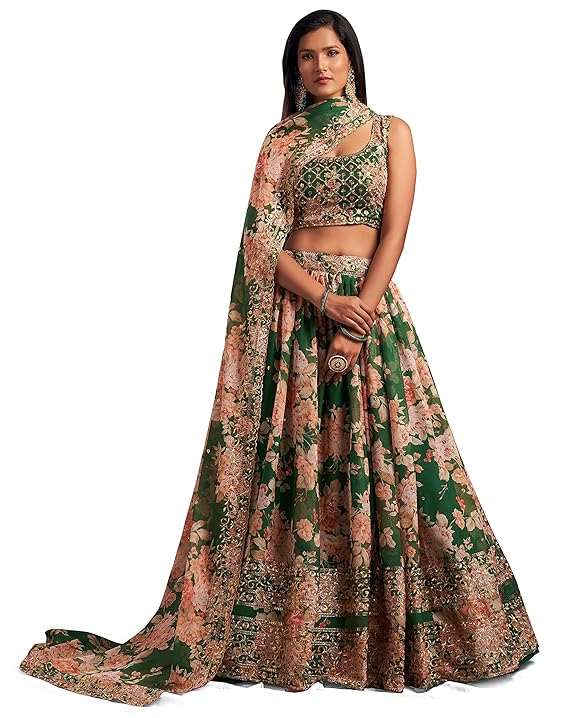 Women's Organza Green Semi-Stitched Lehenga Choli - MALL