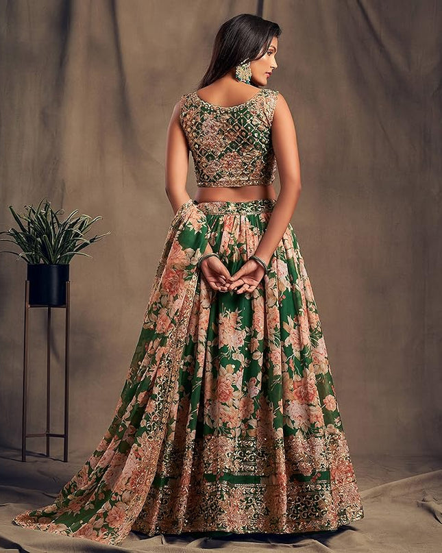 Women's Organza Green Semi-Stitched Lehenga Choli - MALL