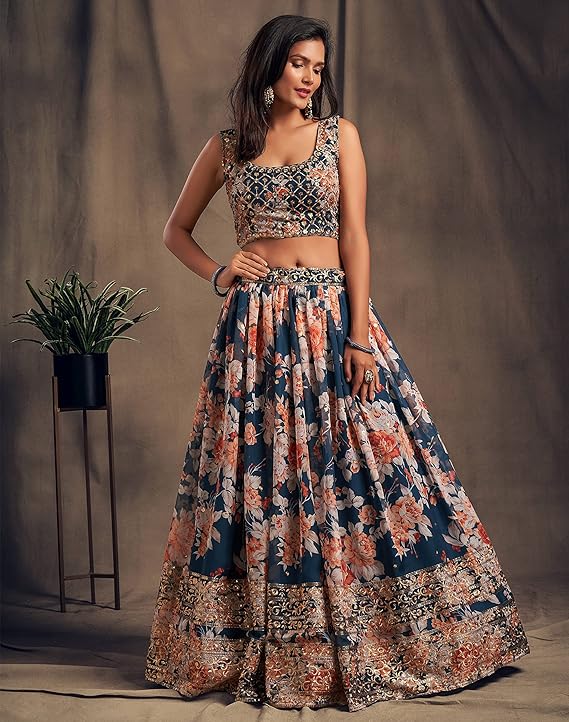 Women's Organza Dove Blue Semi-Stitched Lehenga Choli - MALL