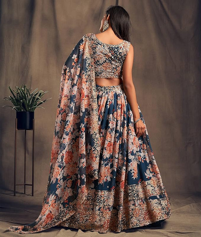 Women's Organza Dove Blue Semi-Stitched Lehenga Choli - MALL