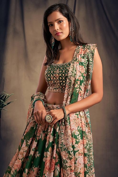 Women's Organza Green Semi-Stitched Lehenga Choli - MALL