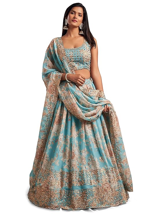 Women's Organza Sky Blue Semi-Stitched Lehenga Choli - MALL