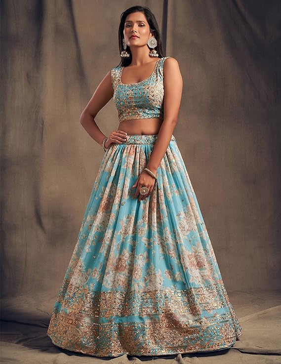 Women's Organza Sky Blue Semi-Stitched Lehenga Choli - MALL