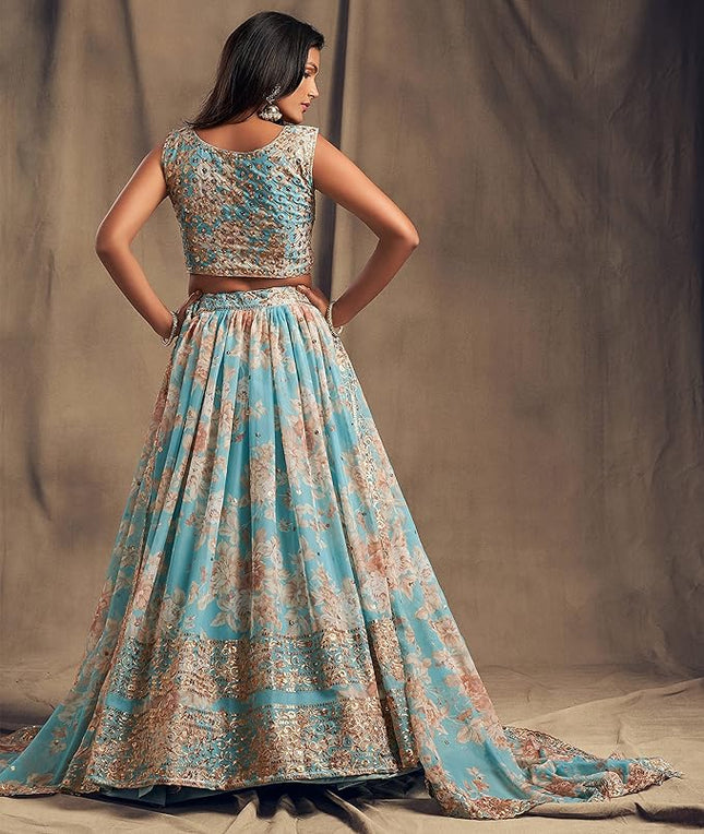 Women's Organza Sky Blue Semi-Stitched Lehenga Choli - MALL