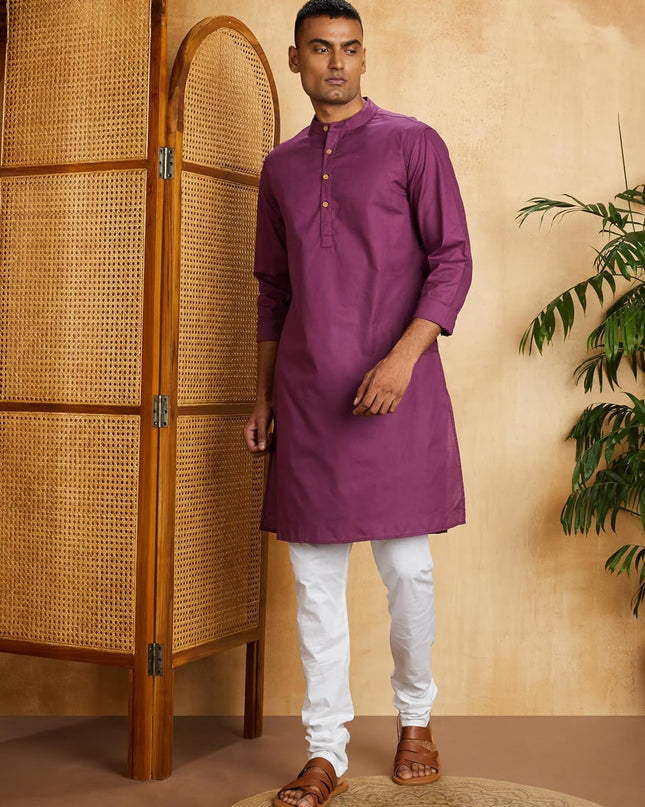 Manyavar Men's Full Sleeve Regular Fit Banded Collar Designer Kurta & Churidar Set - MALL