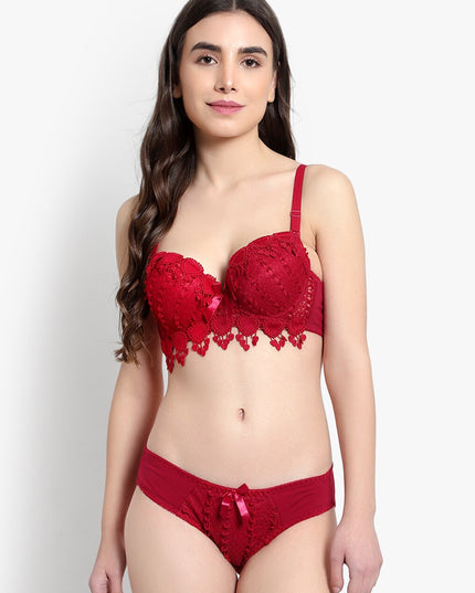 BRACHY Women Maroon Solid Lace Lingerie Set - MALL