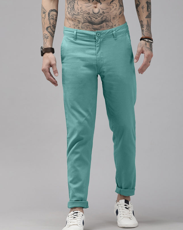 Roadster Men Turquoise Blue Slim Fit Chinos Trousers - MALL