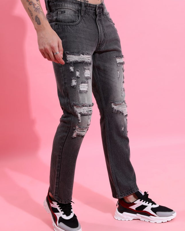 Highlander Men Grey Straight Fit Highly Distressed Jeans - MALL