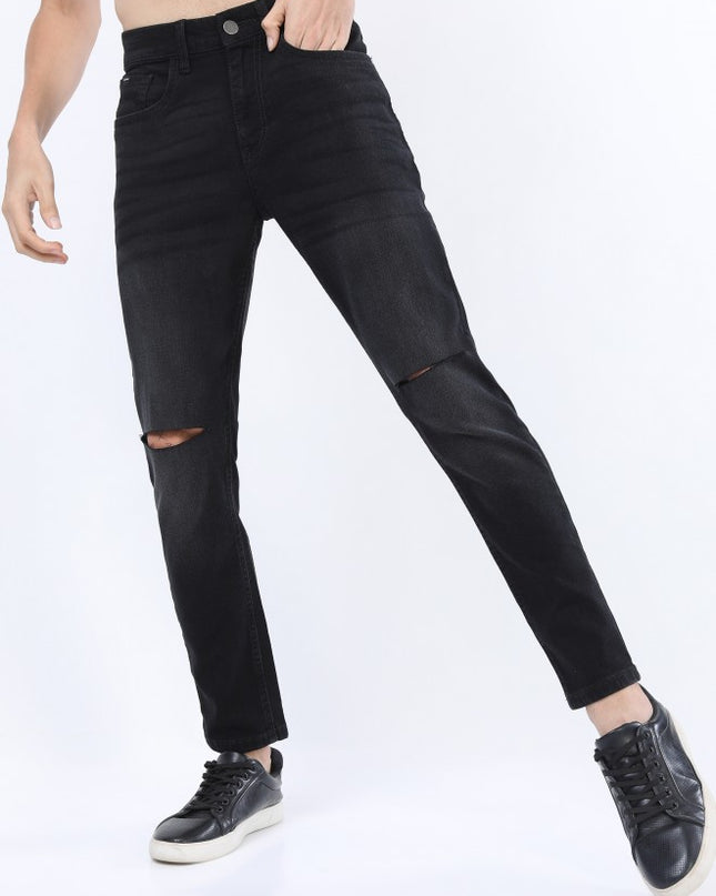 Ketch Men Black Tapered Fit Slash Knee Stretchable Jeans - MALL