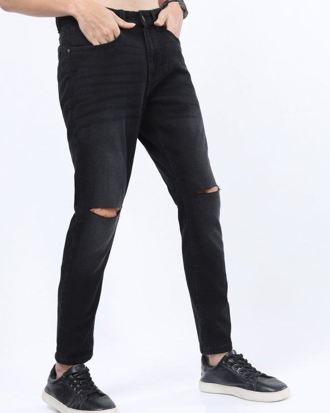 Ketch Men Black Tapered Fit Slash Knee Stretchable Jeans - MALL