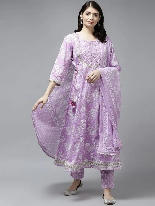 Yufta Purple Cotton Embroidered Kurta Pant Set With Dupatta - MALL