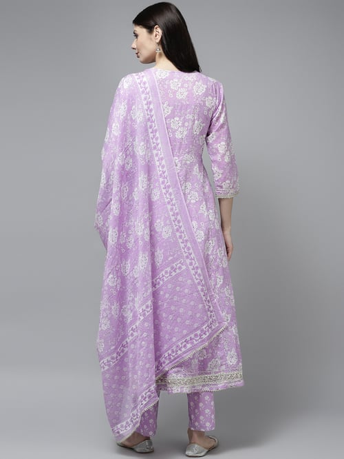 Yufta Purple Cotton Embroidered Kurta Pant Set With Dupatta - MALL