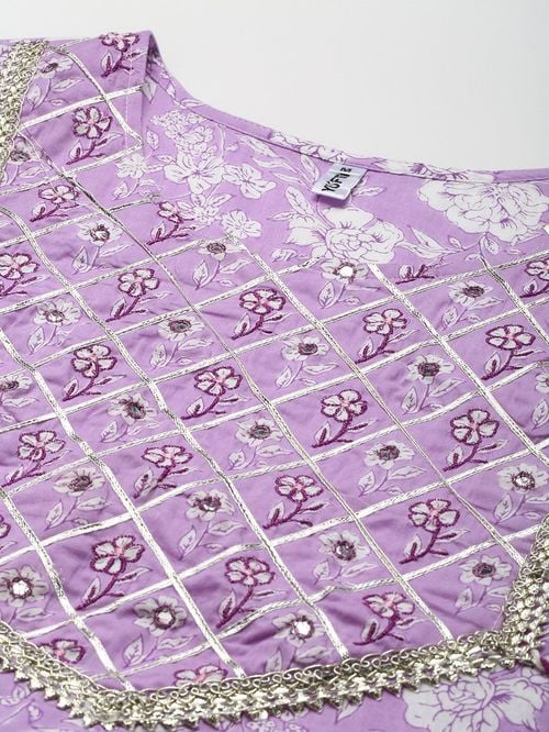 Yufta Purple Cotton Embroidered Kurta Pant Set With Dupatta - MALL