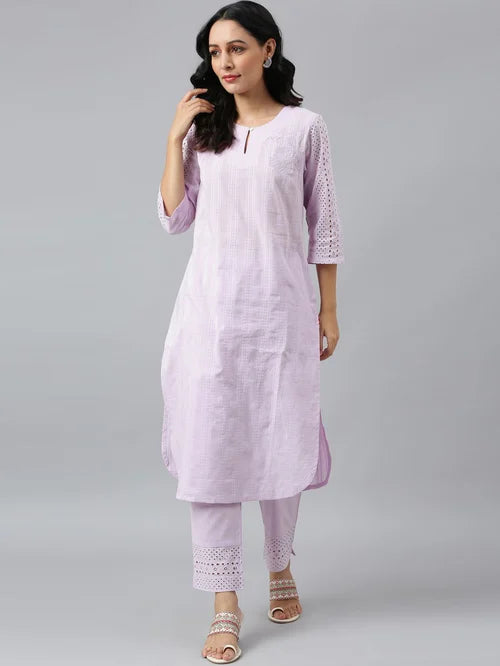 W Lavender Cotton Embroidered Kurta Pant Set - MALL