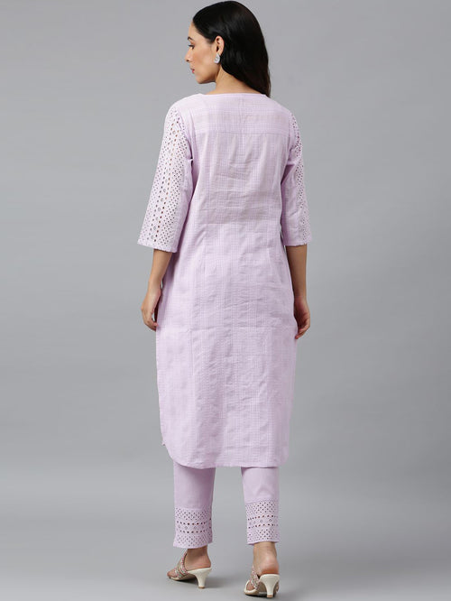 W Lavender Cotton Embroidered Kurta Pant Set - MALL