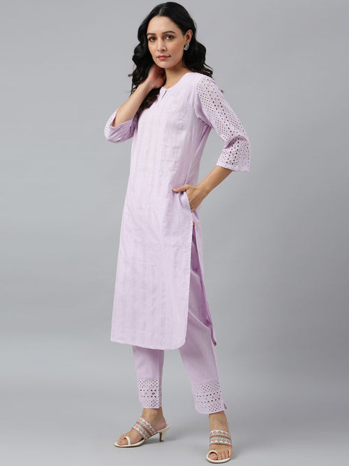 W Lavender Cotton Embroidered Kurta Pant Set - MALL