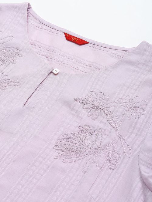 W Lavender Cotton Embroidered Kurta Pant Set - MALL