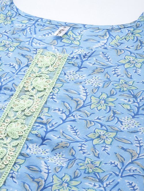 Yufta Blue & White Cotton Embroidered Kurta Pant Set With Dupatta - MALL