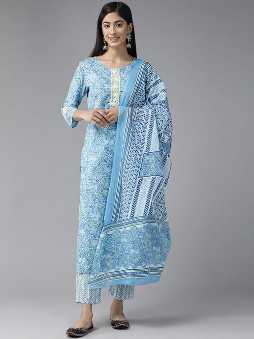 Yufta Blue & White Cotton Embroidered Kurta Pant Set With Dupatta - MALL