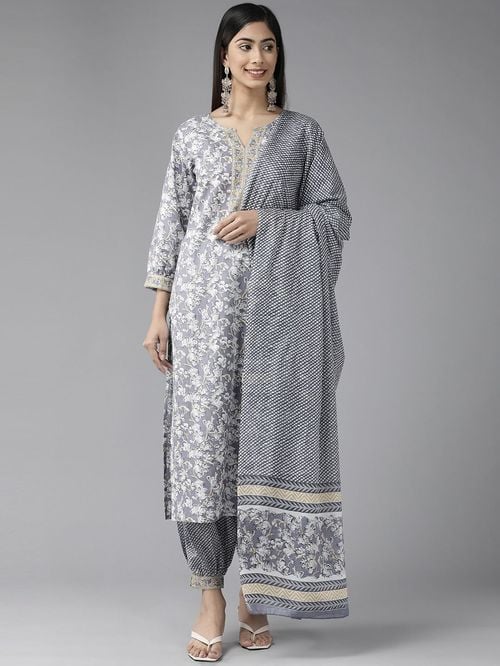 Yufta Grey Cotton Floral Print Kurta Salwar Set With Dupatta - MALL