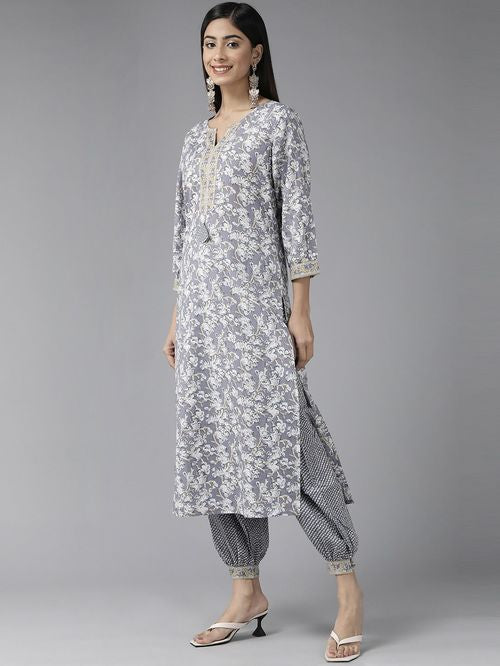 Yufta Grey Cotton Floral Print Kurta Salwar Set With Dupatta - MALL