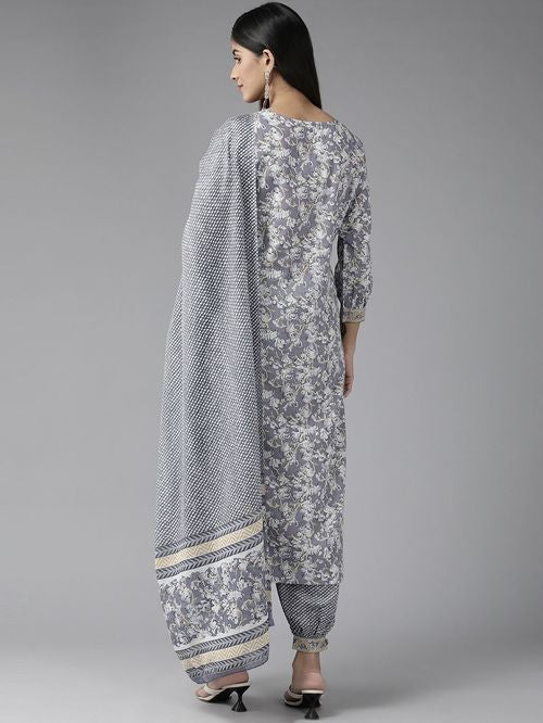 Yufta Grey Cotton Floral Print Kurta Salwar Set With Dupatta - MALL