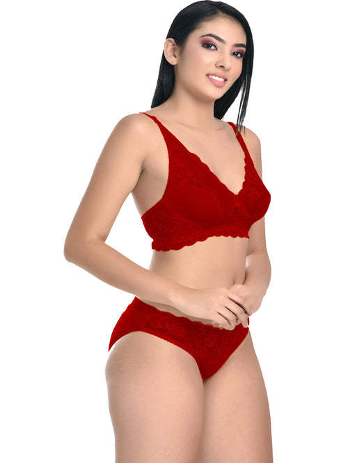 FIMS Maroon Lace Work Lingerie Set - MALL