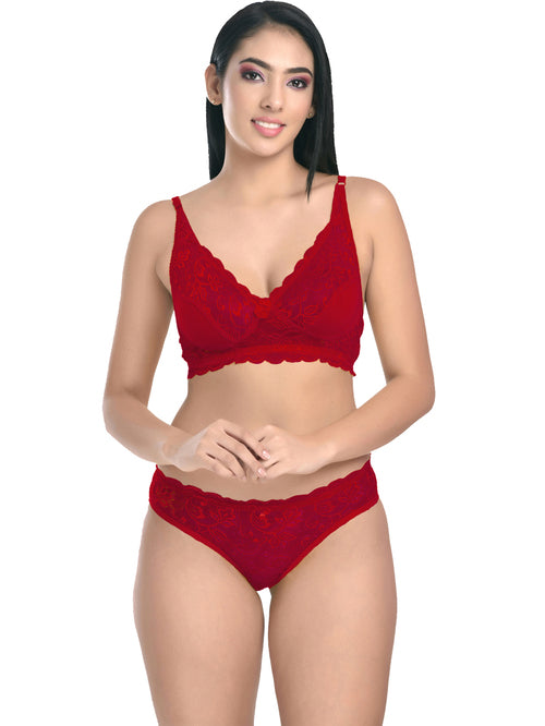 FIMS Maroon Lace Work Lingerie Set - MALL