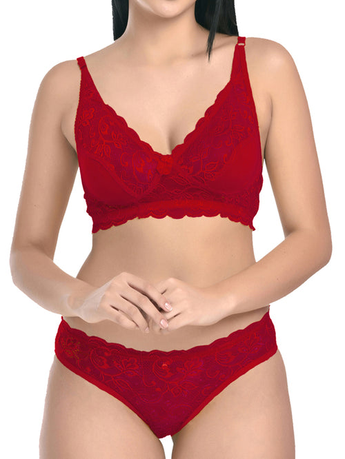 FIMS Maroon Lace Work Lingerie Set - MALL