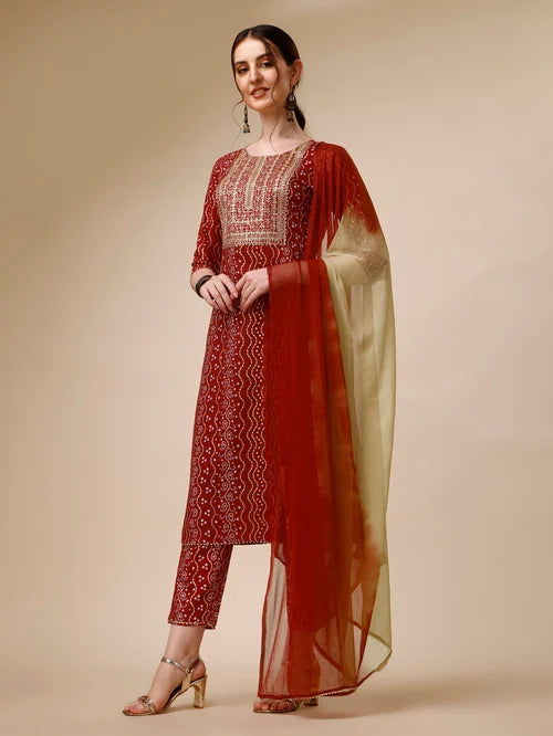 BERRYLICIOUS Red Cotton Embroidered Kurta With Pants & Dupatta Red - MALL