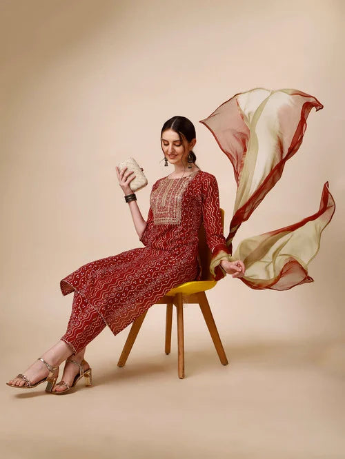 BERRYLICIOUS Red Cotton Embroidered Kurta With Pants & Dupatta Red - MALL