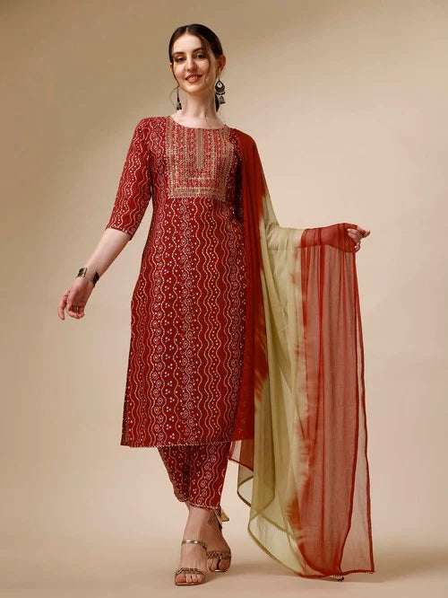 BERRYLICIOUS Red Cotton Embroidered Kurta With Pants & Dupatta Red - MALL