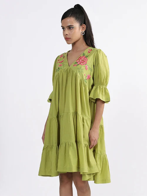 Westside Embroidered Green Gathered Dress Bombay Paisley - MALL