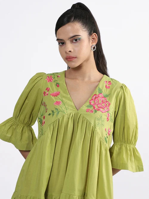 Westside Embroidered Green Gathered Dress Bombay Paisley - MALL