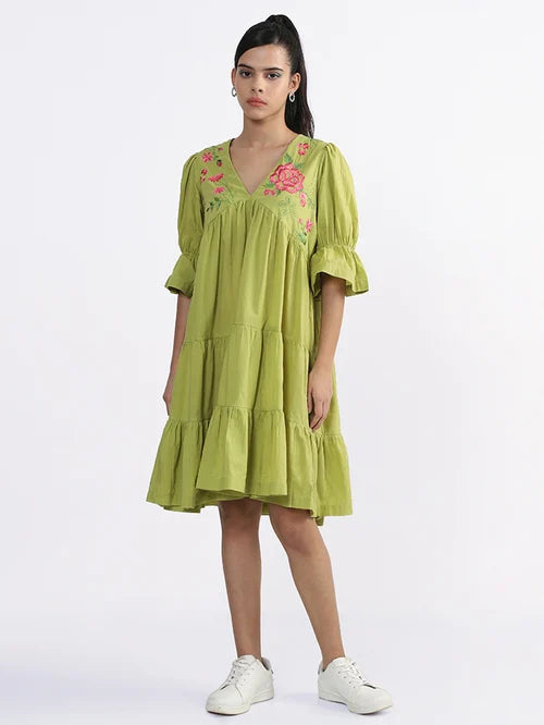 Westside Embroidered Green Gathered Dress Bombay Paisley - MALL