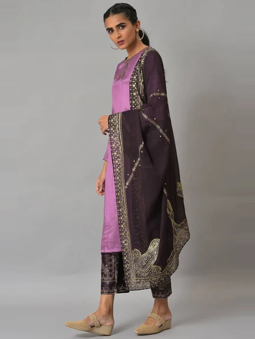 Wishful by W Purple Embellished Kurta Palazzo Set With Dupatta - MALL