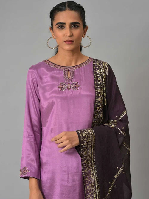 Wishful by W Purple Embellished Kurta Palazzo Set With Dupatta - MALL