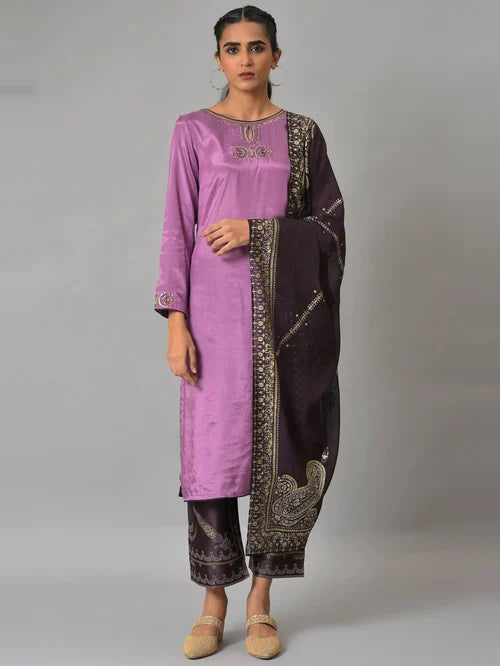 Wishful by W Purple Embellished Kurta Palazzo Set With Dupatta - MALL