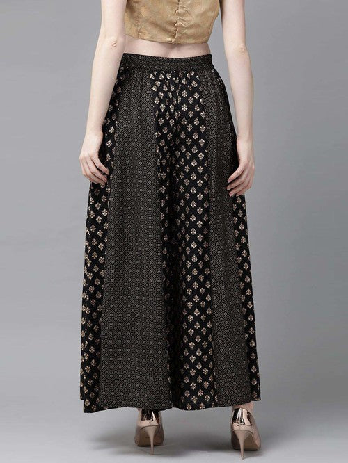 Juniper Black Printed Flared Palazzos - MALL