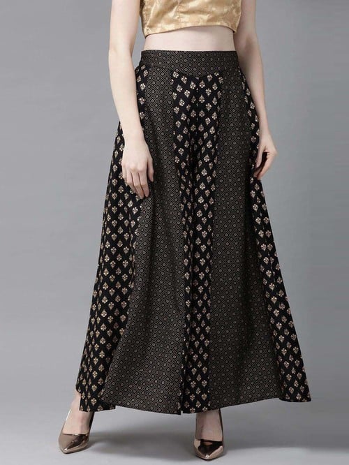 Juniper Black Printed Flared Palazzos - MALL