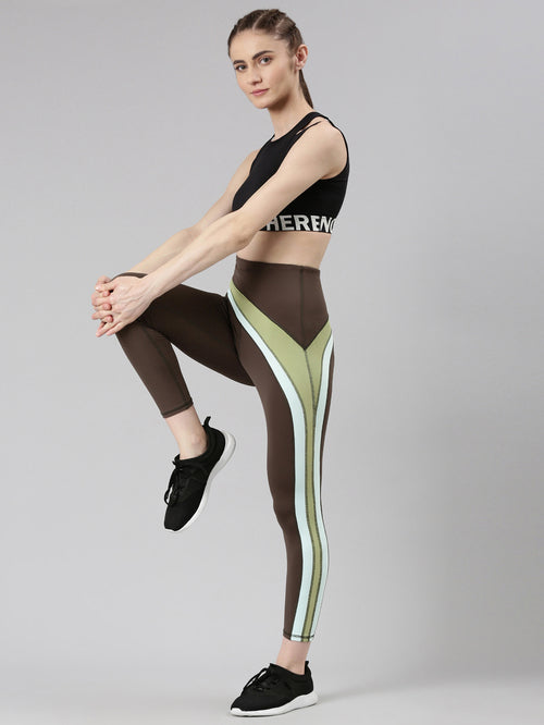 Enamor Chocolate Brown Block Sports Leggings - MALL