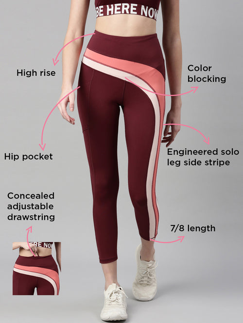 Enamor Maroon Block Sports Leggings - MALL