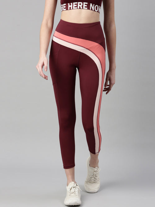 Enamor Maroon Block Sports Leggings - MALL