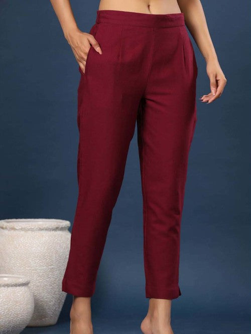 Juniper Maroon Cotton Regular Fit Pants - MALL