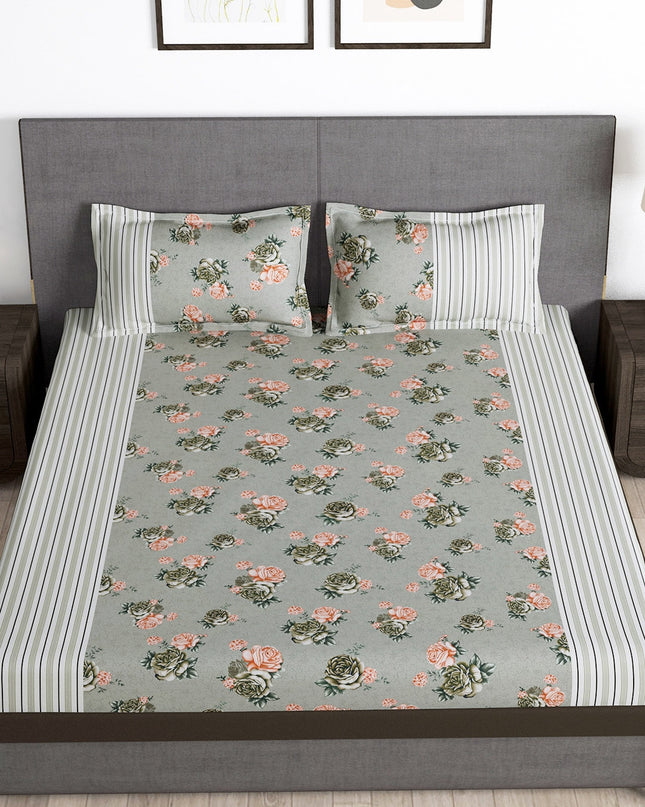 Arena Grey & Pink Floral Printed 180 TC Queen Bedsheet & 2 Pillow Covers - MALL